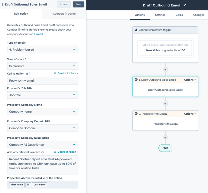 Draft Sales Email action